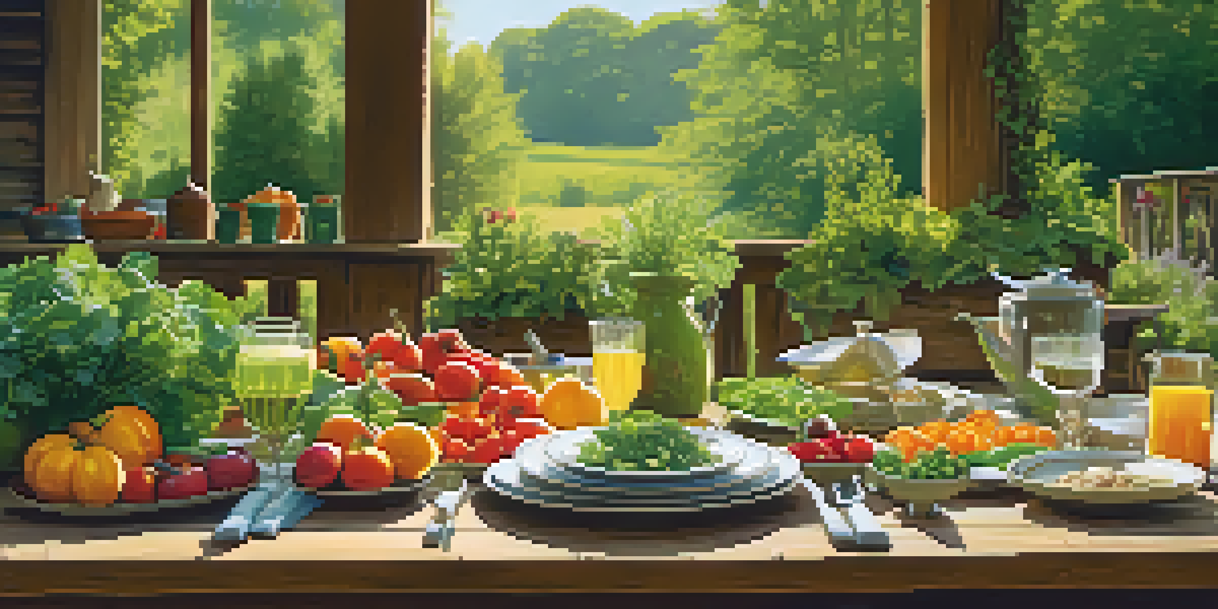 An outdoor dining scene showcasing a wooden table filled with colorful seasonal dishes, illuminated by soft sunlight filtering through trees.