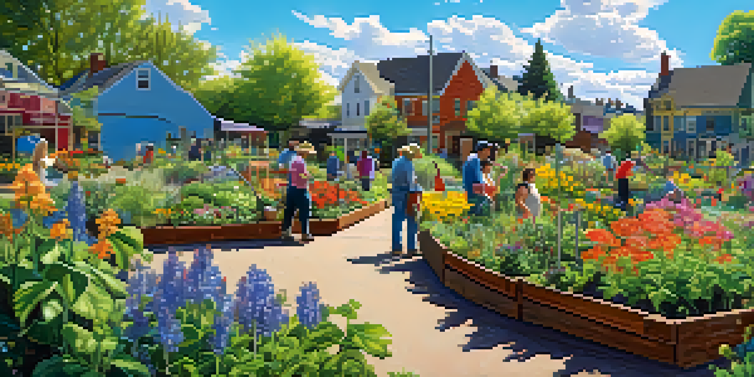 A lively community garden in Portland with residents caring for various plants and flowers under a sunny sky.