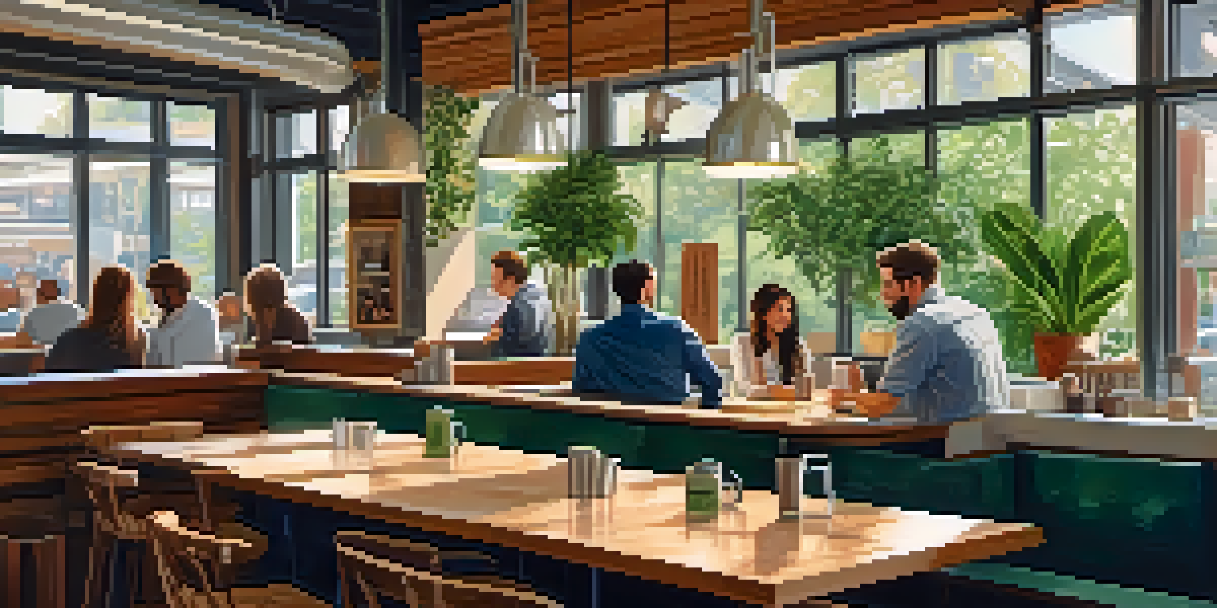 A cozy coffee shop in Portland with sustainable furniture and indoor plants, filled with light and customers enjoying coffee.