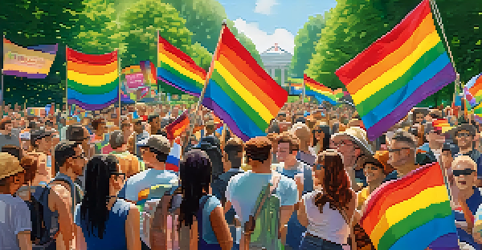 A diverse group of LGBTQ+ activists celebrating in a sunny park, holding colorful banners and flags.