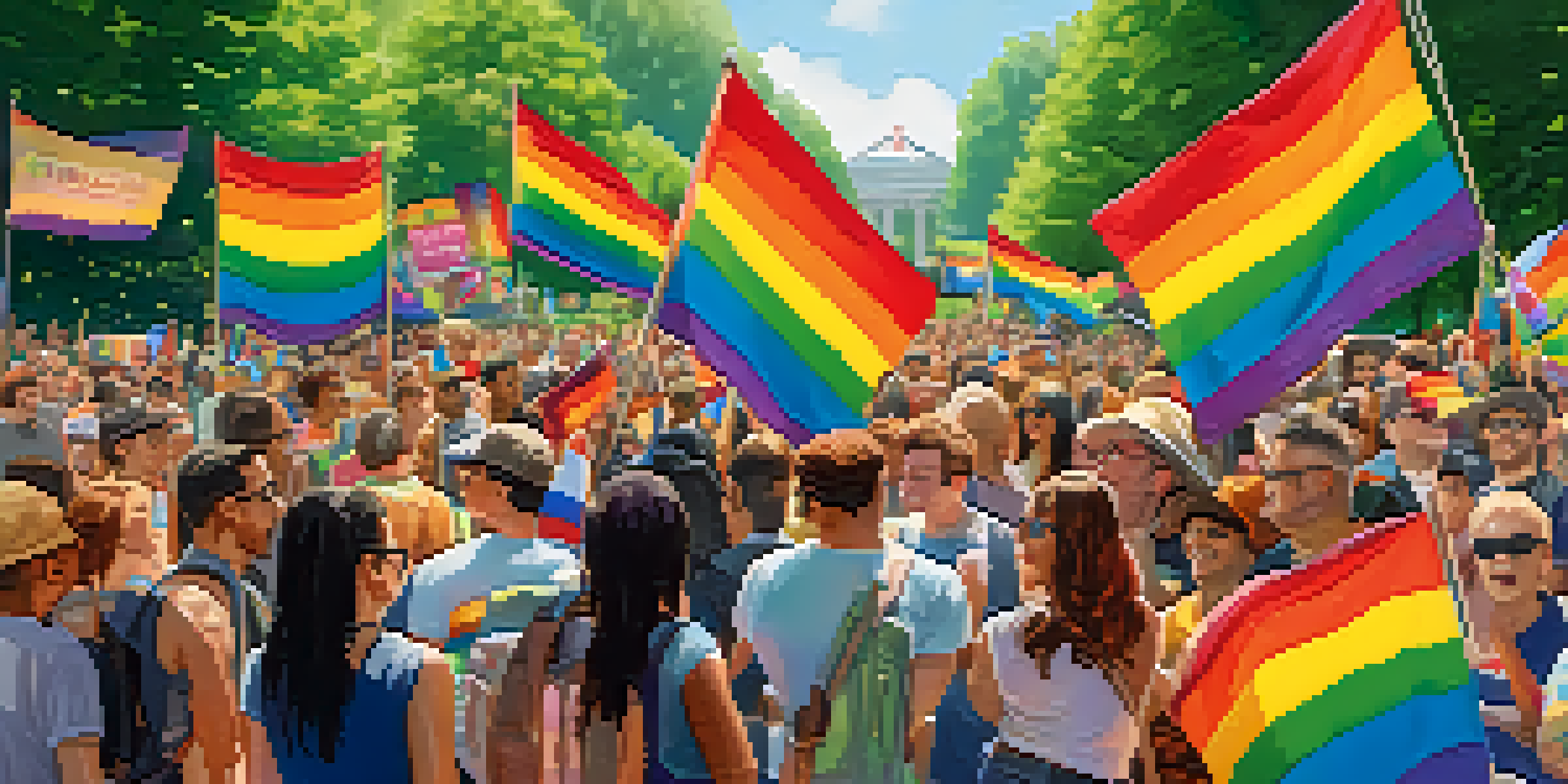A diverse group of LGBTQ+ activists celebrating in a sunny park, holding colorful banners and flags.