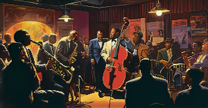 A jazz musician playing the saxophone on stage in a cozy club, with an engaged audience and warm ambient lighting.