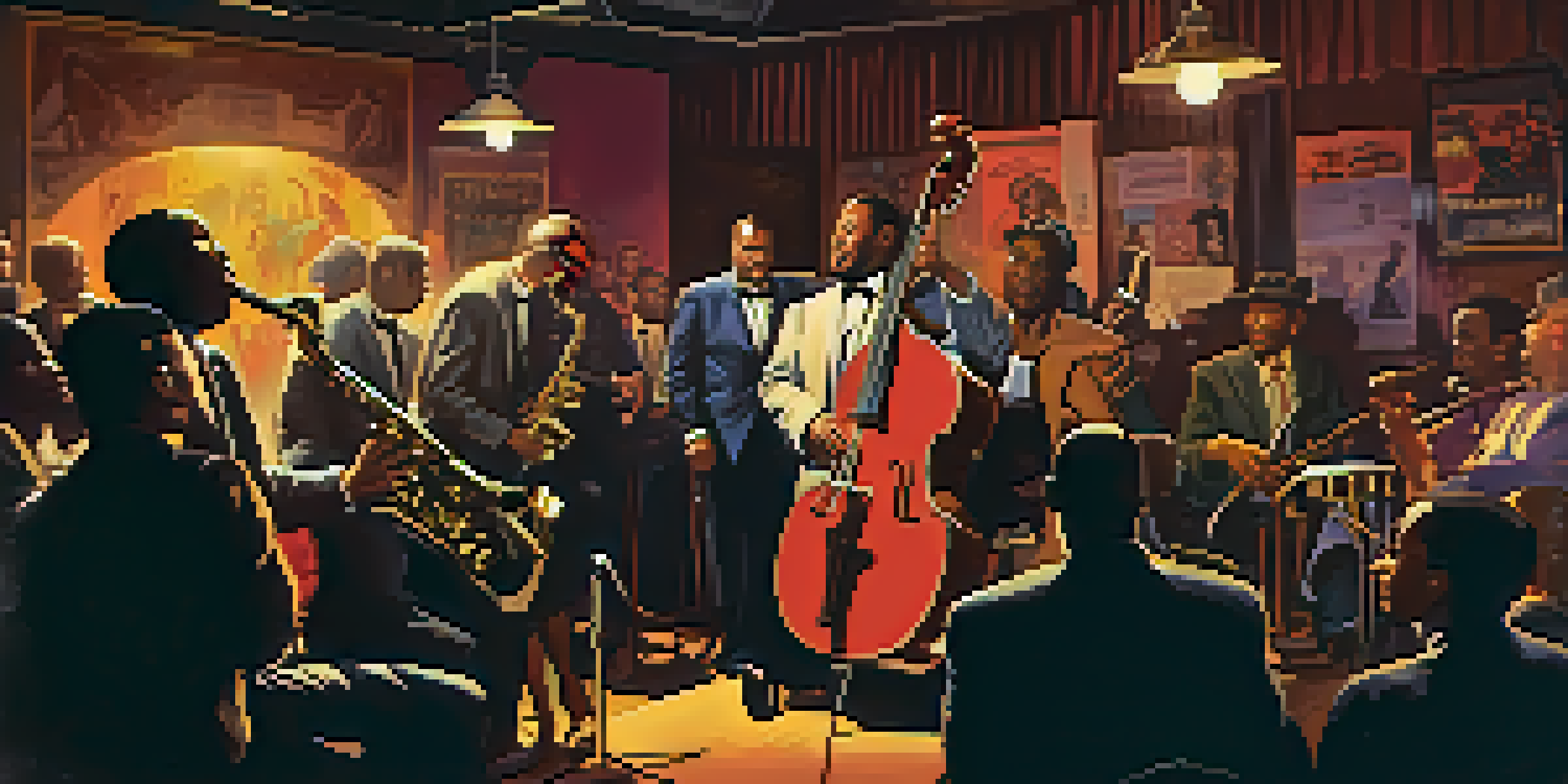 A jazz musician playing the saxophone on stage in a cozy club, with an engaged audience and warm ambient lighting.