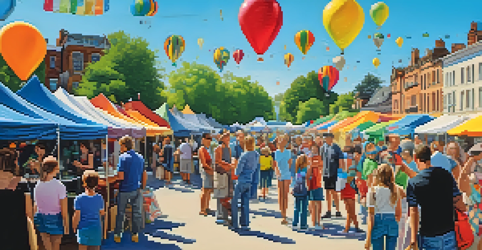 An outdoor art fair with artists showcasing their work and visitors enjoying the vibrant atmosphere.