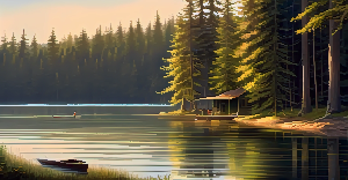 A peaceful forest camping scene at Cedar Lake Retreat, with a tranquil lake, tall trees, and a kayaker paddling at sunset.