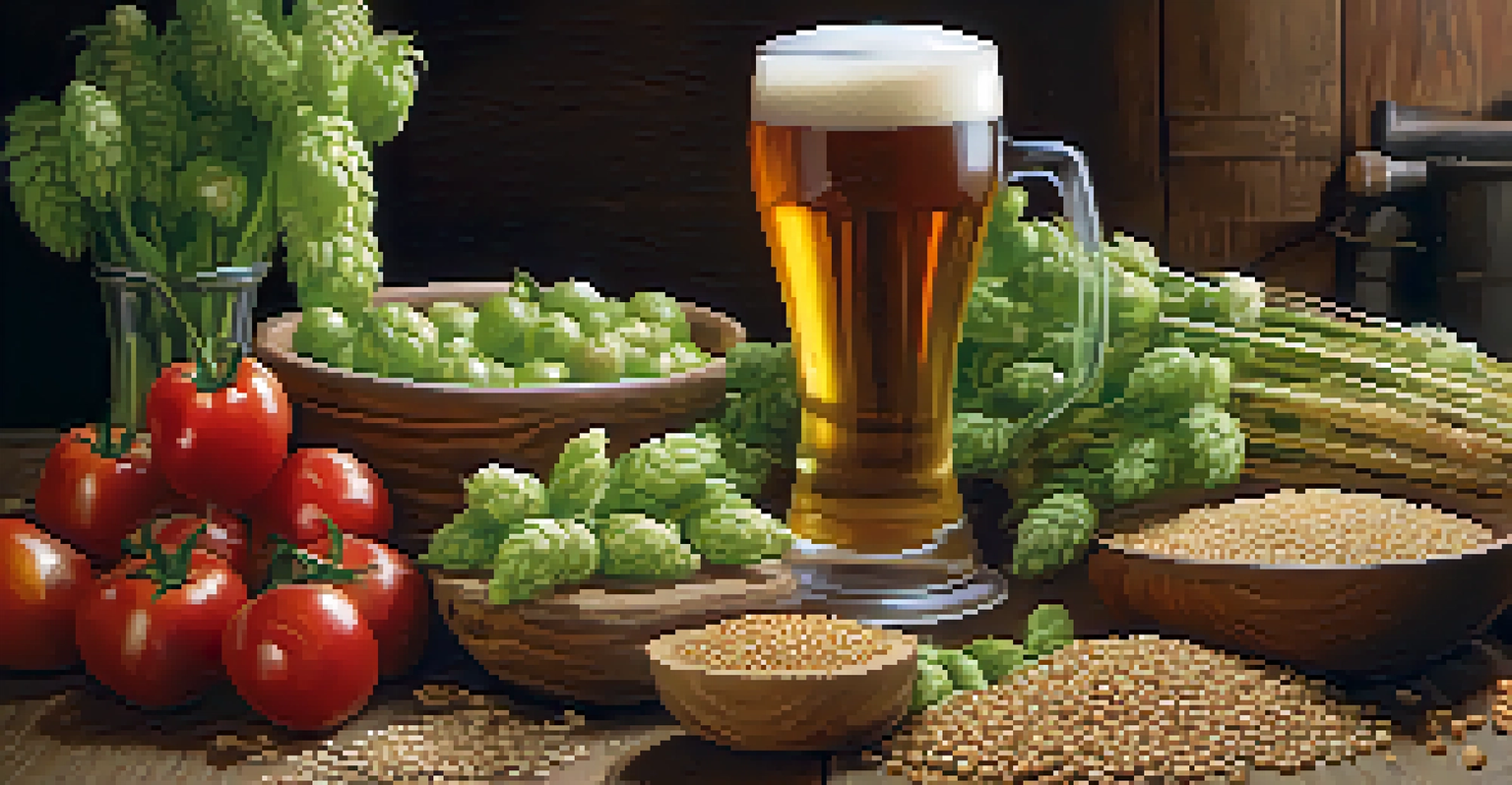 A rustic wooden table displaying freshly harvested local grains, hops, and vegetables, with brewery equipment blurred in the background.