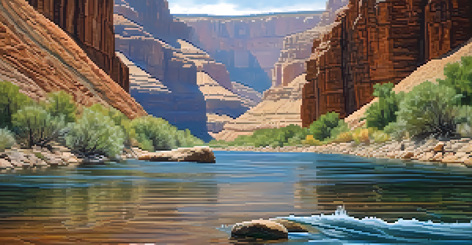 Close-up of the Colorado River in the Grand Canyon with otters swimming and birds nesting on the cliffs.