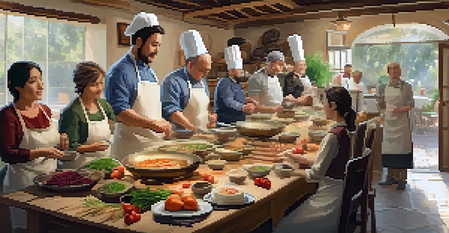 A local chef conducting a cozy cooking workshop, demonstrating a dish to a small group with warm lighting and fresh ingredients on rustic tables.