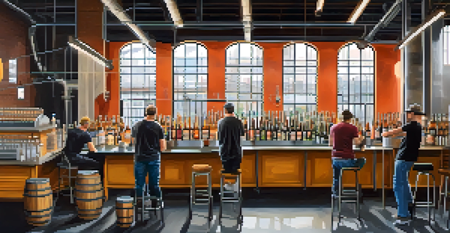 A brewer and a local artist collaborating in a brewery, surrounded by brewing equipment and colorful art supplies.