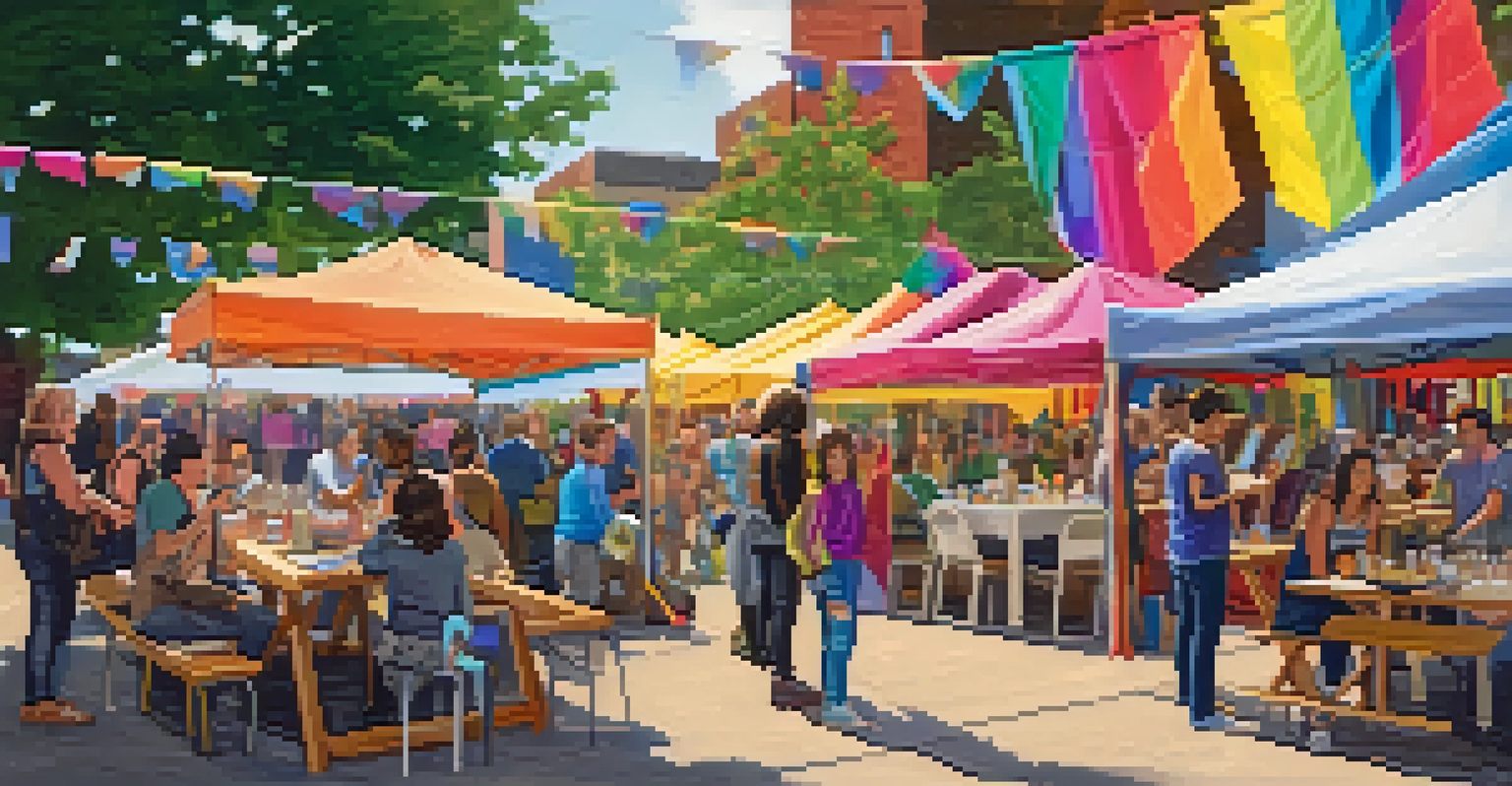 A warm community space at an LGBTQ+ festival with local artists showcasing their work and attendees engaging in conversation.