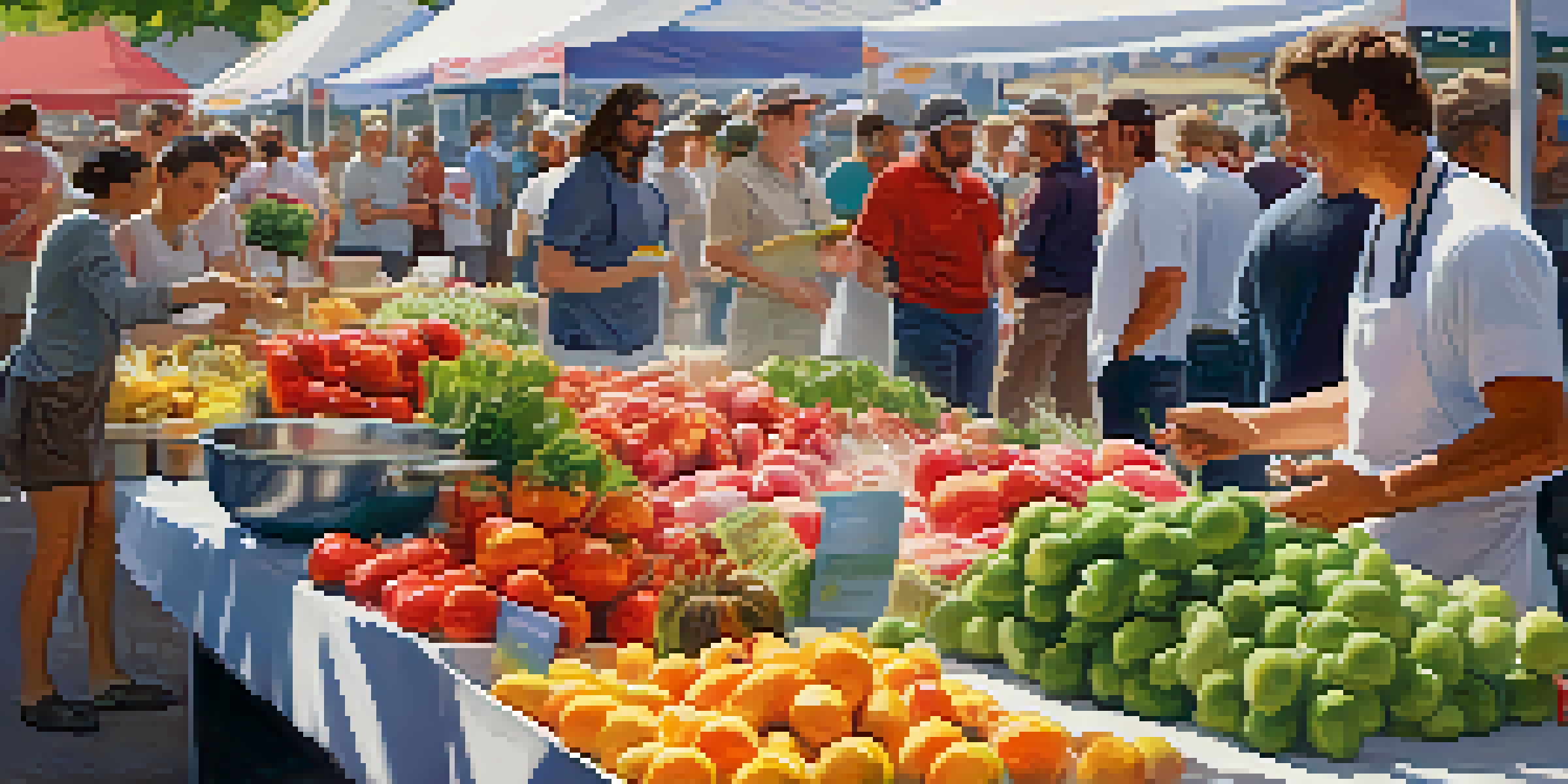 A lively farmer's market featuring chefs cooking and attendees sampling vibrant dishes, with colorful stalls and sunlight filtering through canopies.