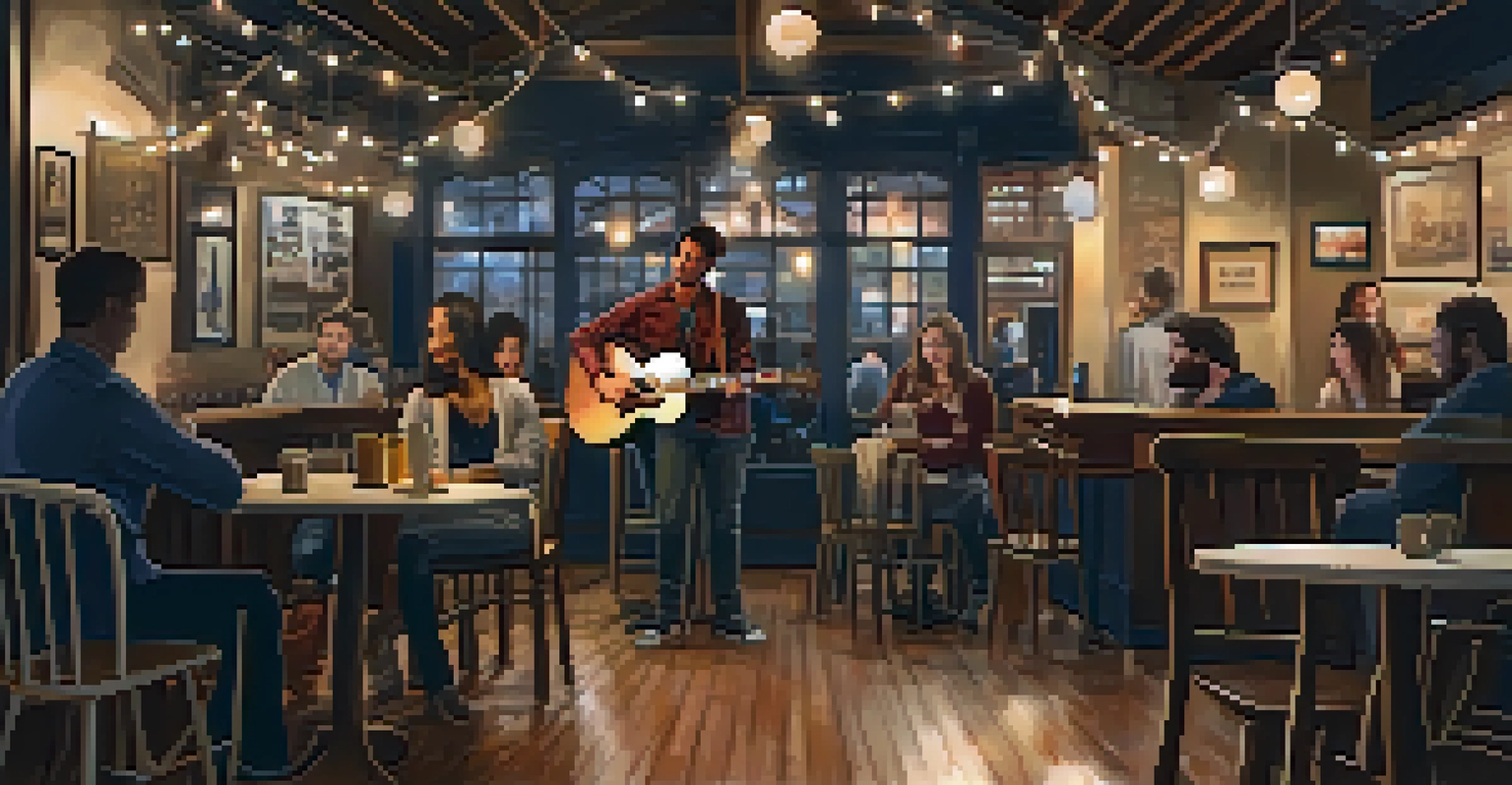 An aspiring musician performing at an open mic night in a cozy café, with an attentive audience enjoying the atmosphere.