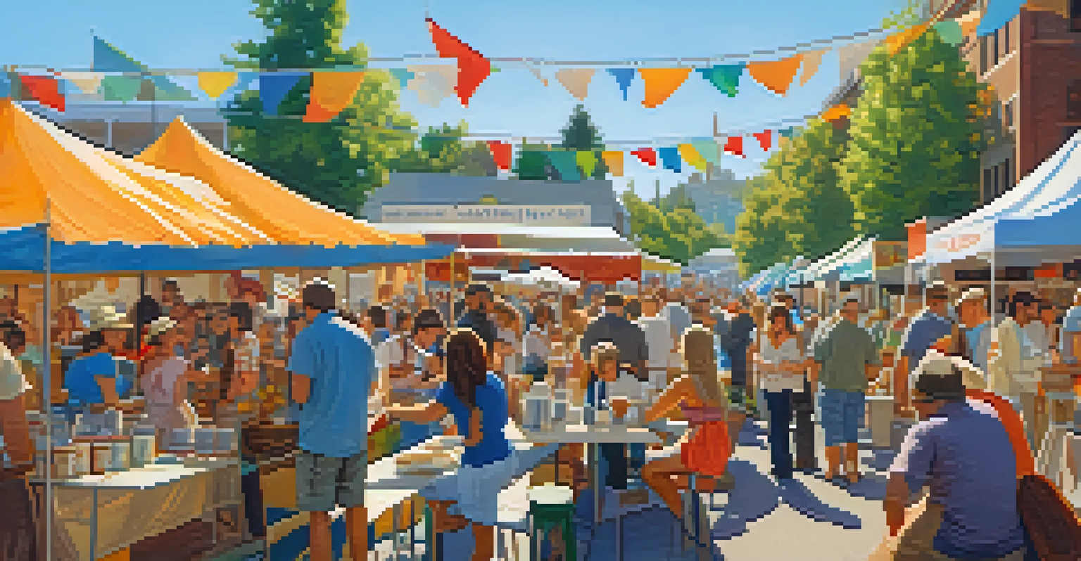 A lively outdoor coffee festival in Portland with colorful tents and people tasting coffee.