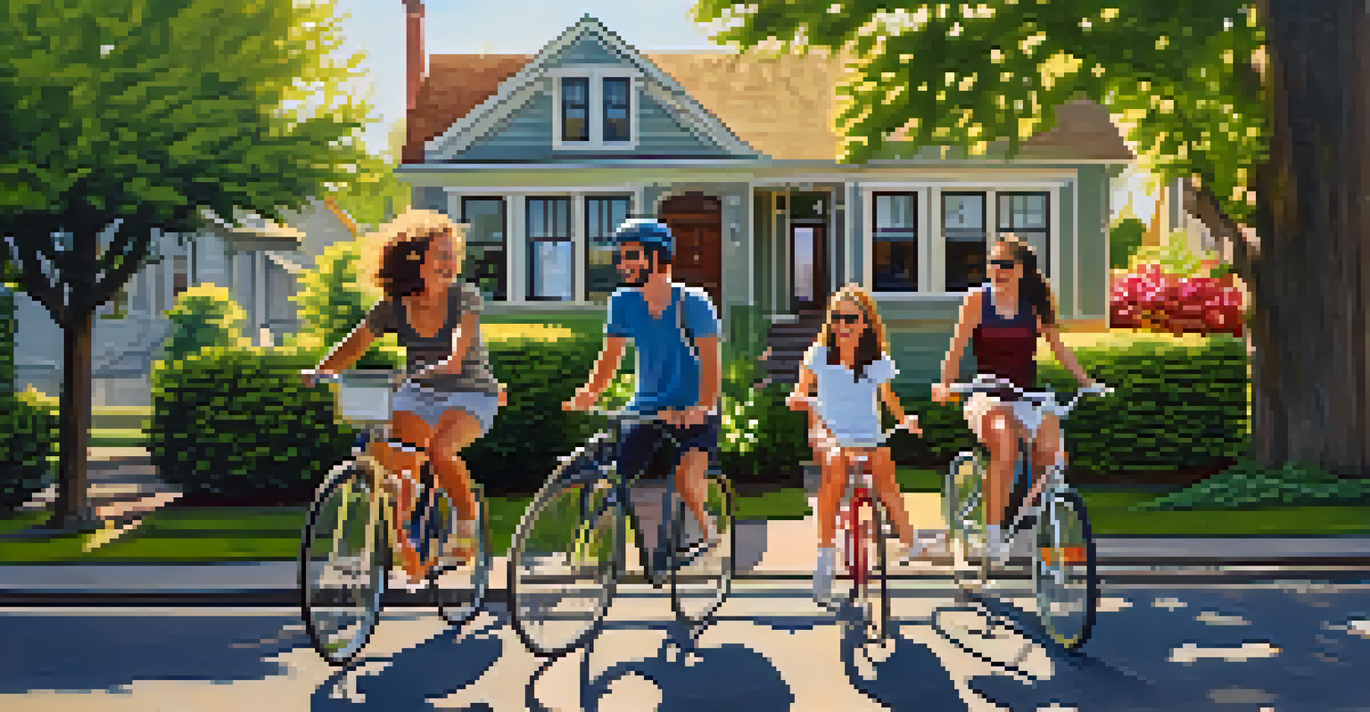 A close-up of friends riding bikes together in a Portland neighborhood, surrounded by greenery and charming houses, creating a warm atmosphere.
