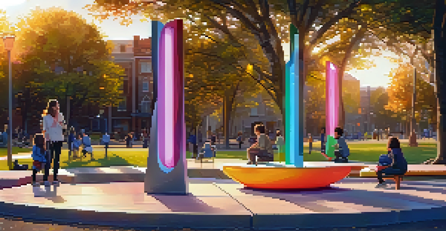 An interactive LED art installation in a park with children playing and adults relaxing nearby, illuminated by warm evening light.