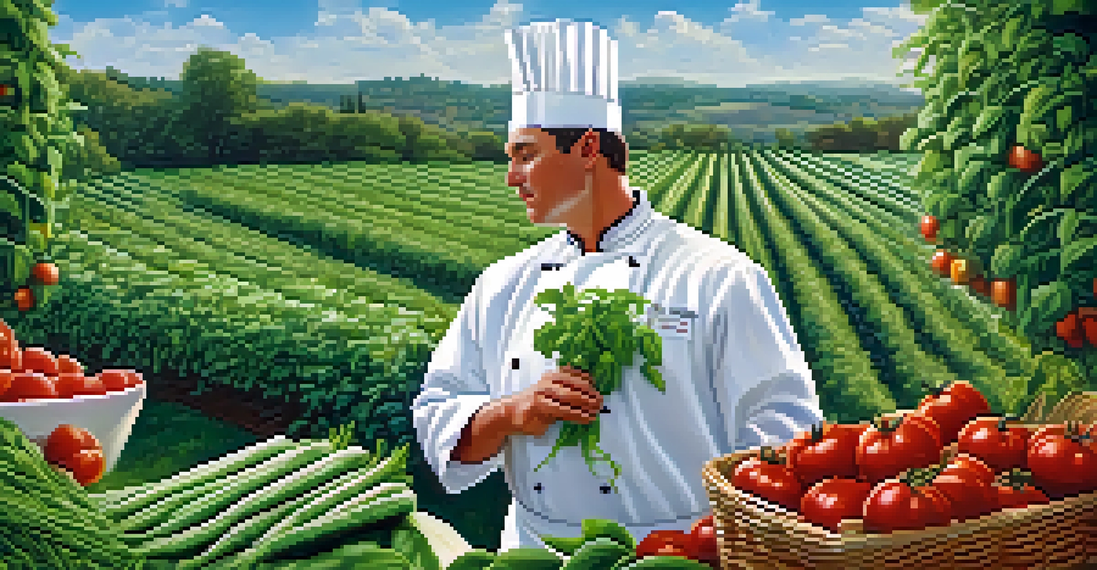 A chef picking fresh basil and tomatoes in a vibrant garden setting.