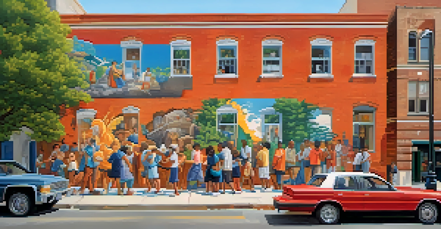 A vibrant mural featuring local legends on a building's wall, with people admiring it.