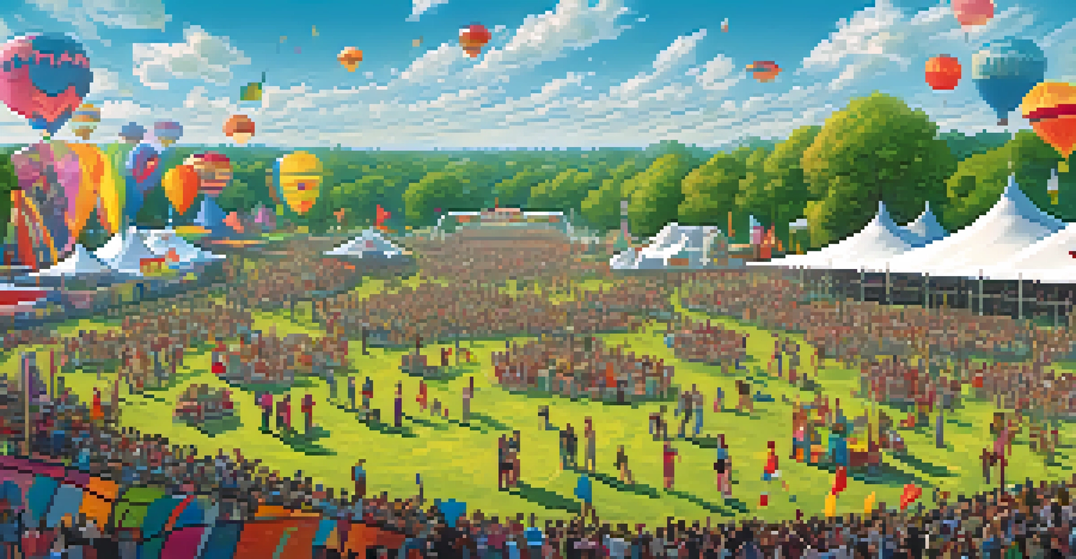 An aerial view of a large music festival with multiple stages, showcasing a diverse crowd and colorful setups in a green field under a bright blue sky.