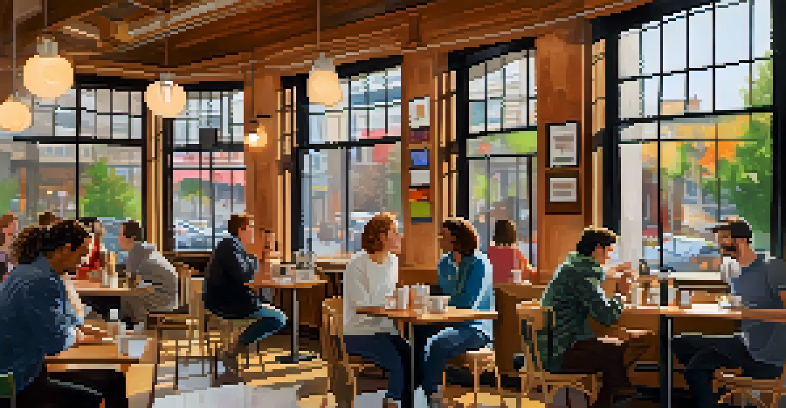 A cozy coffee shop in Portland filled with people enjoying coffee and colorful LGBTQ+ art on the walls.