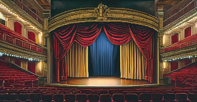 A classic theater stage with a drawn curtain, intricate props, and warm lighting, filled with an audience.