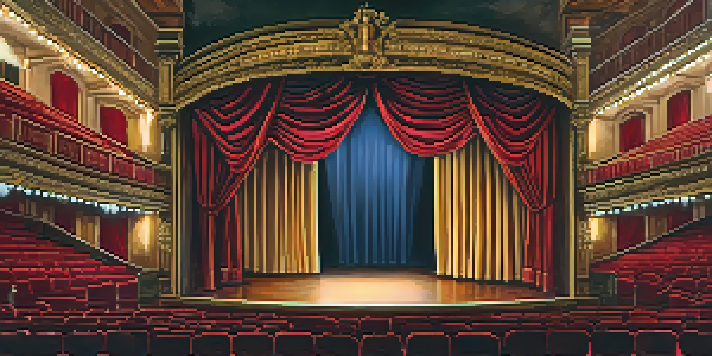 A classic theater stage with a drawn curtain, intricate props, and warm lighting, filled with an audience.