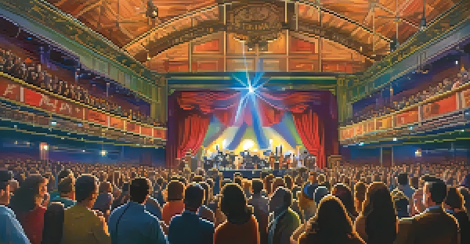 A lively music hall filled with an excited crowd watching a performance, with colorful stage lights and vintage posters on the walls.