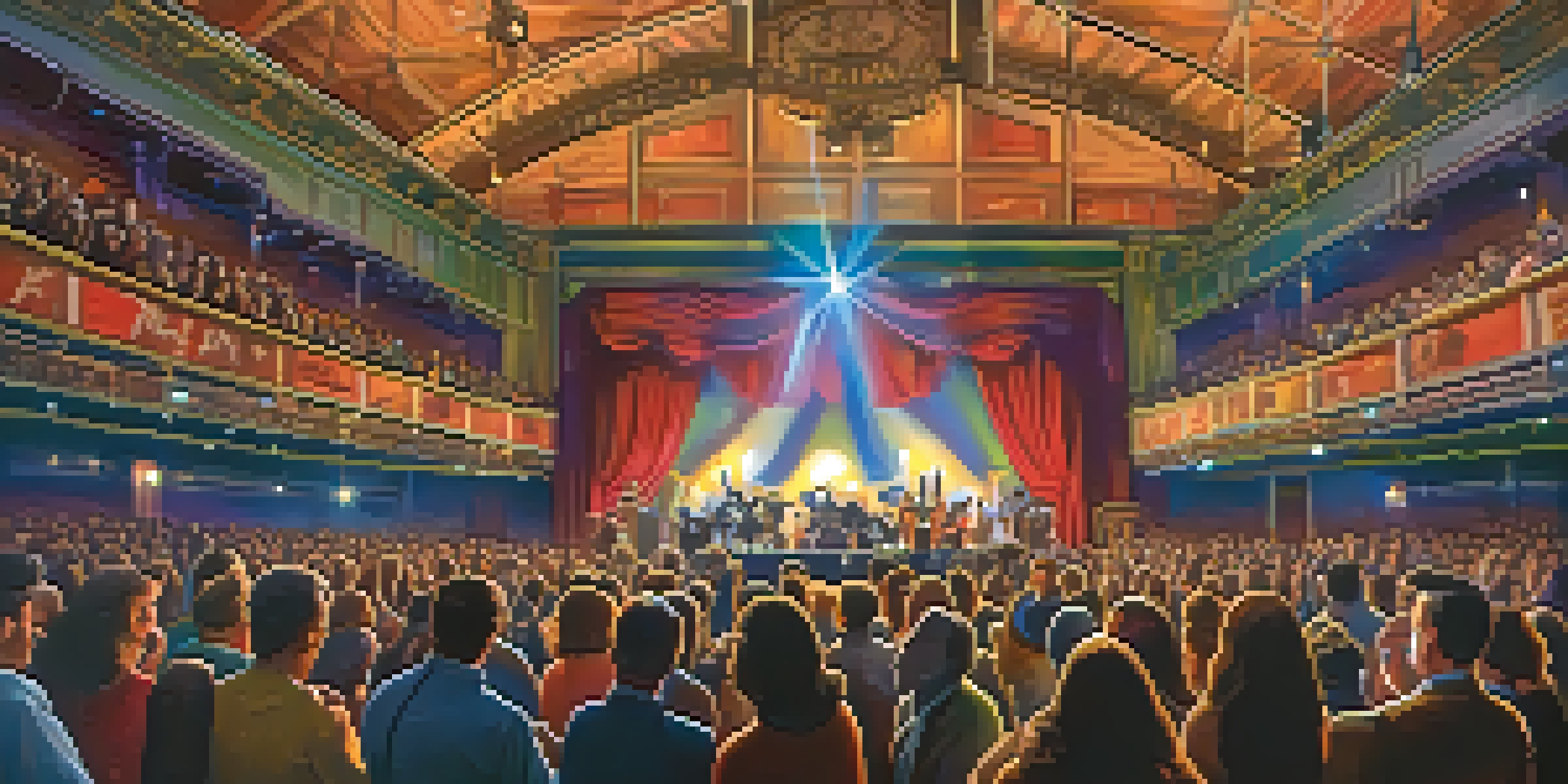 A lively music hall filled with an excited crowd watching a performance, with colorful stage lights and vintage posters on the walls.
