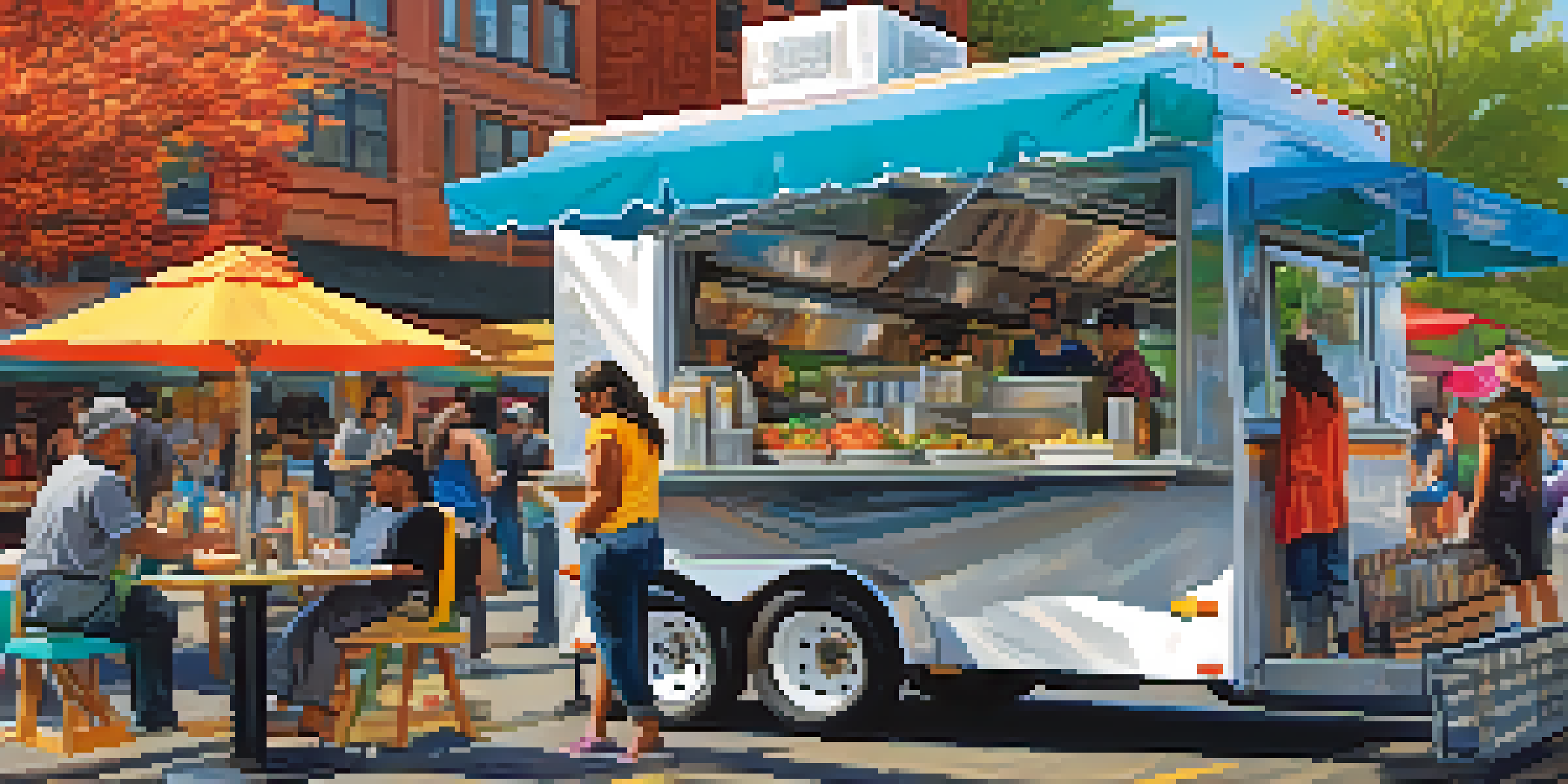 A lively scene of food trucks in Portland with people enjoying diverse cuisines and drinks.