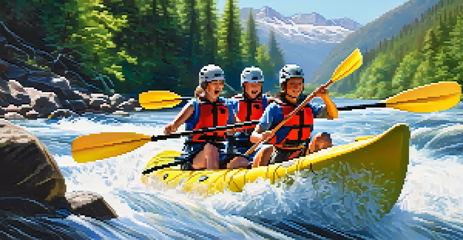 A group of kayakers enjoying their adventure on a picturesque river with mountains and trees in the background.