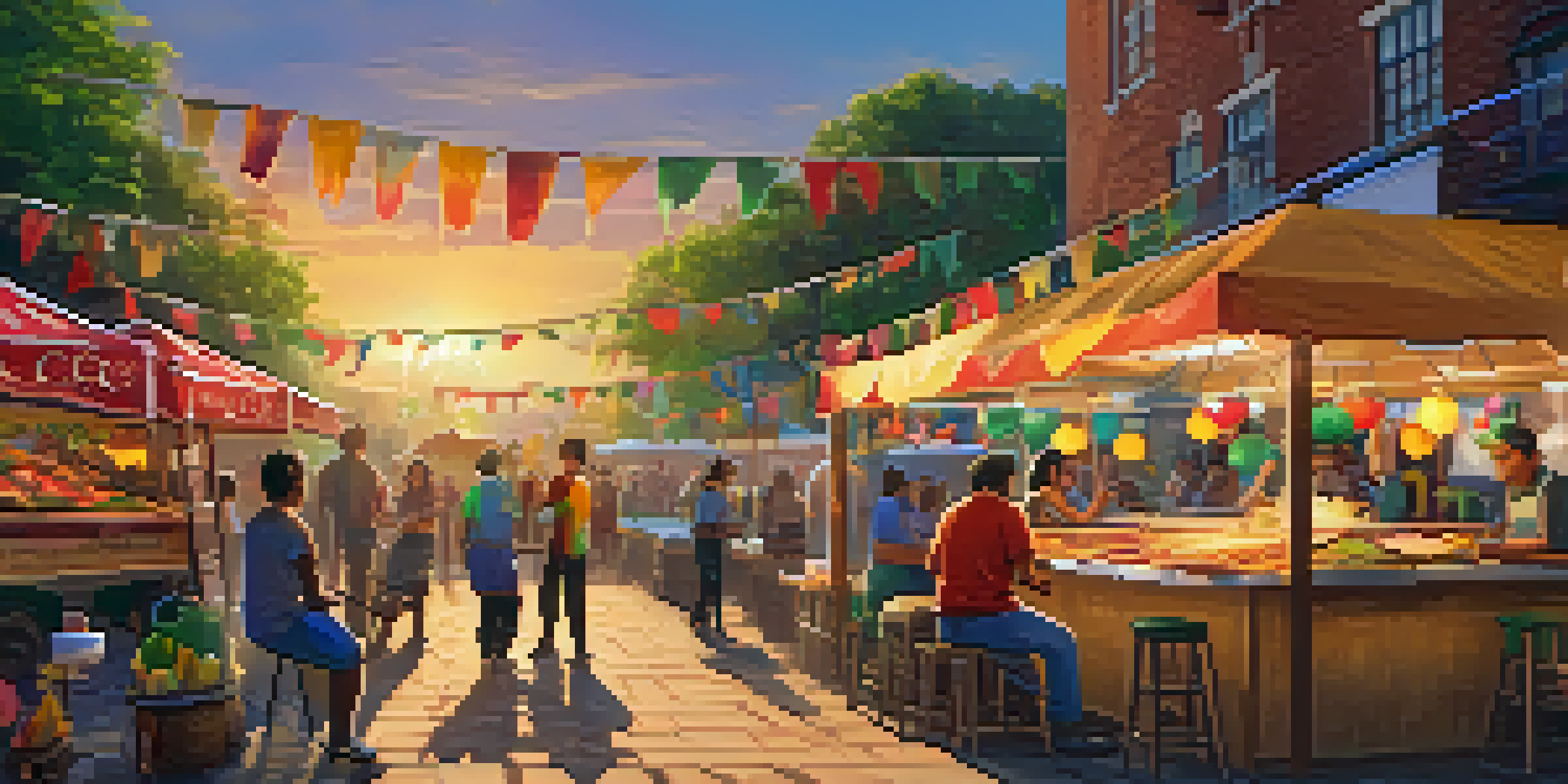 A lively food festival with diverse people enjoying street tacos and local dishes at colorful food stalls under warm sunset light.