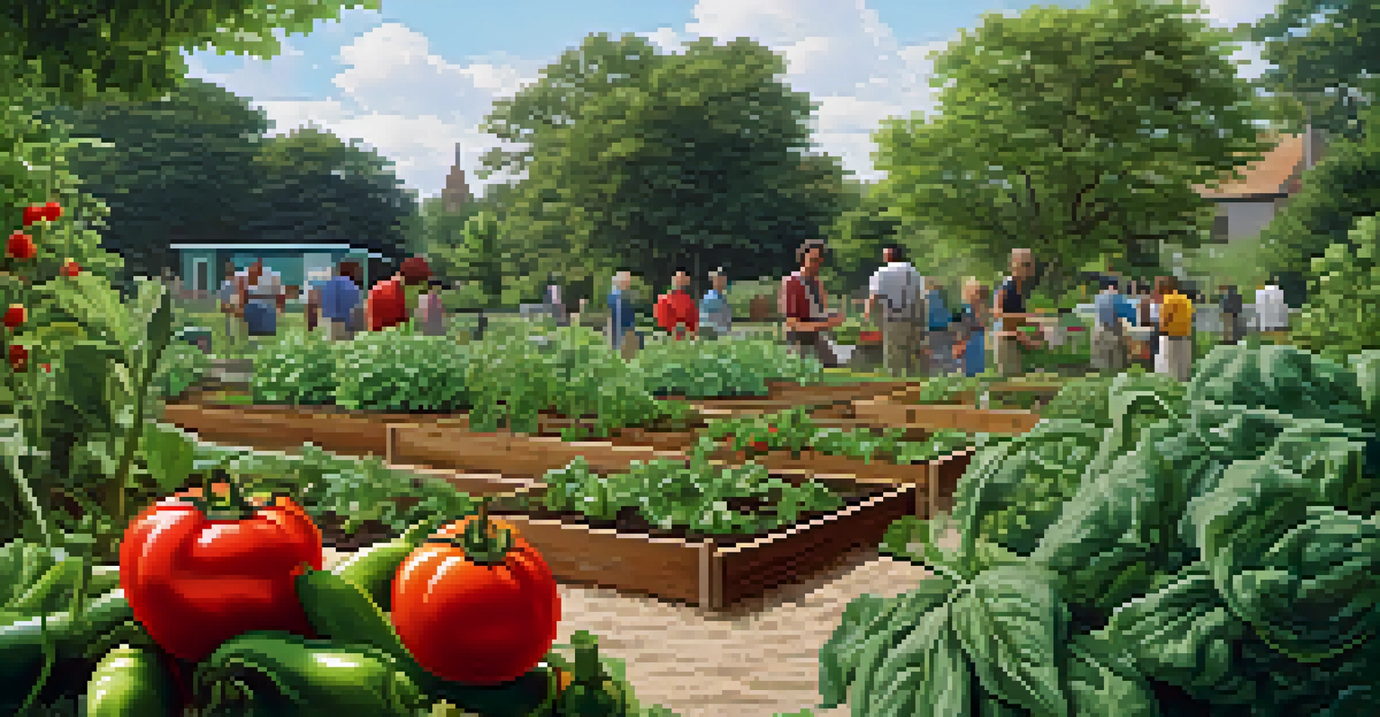 Close-up of a garden plot with ripe vegetables and a workshop happening in the background.