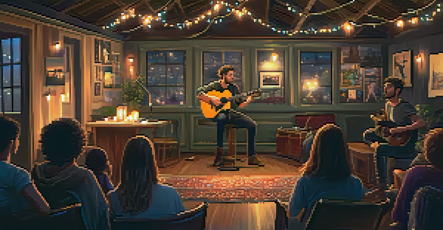 An indie musician performing with an acoustic guitar in a cozy venue filled with warm lighting and an engaged audience.