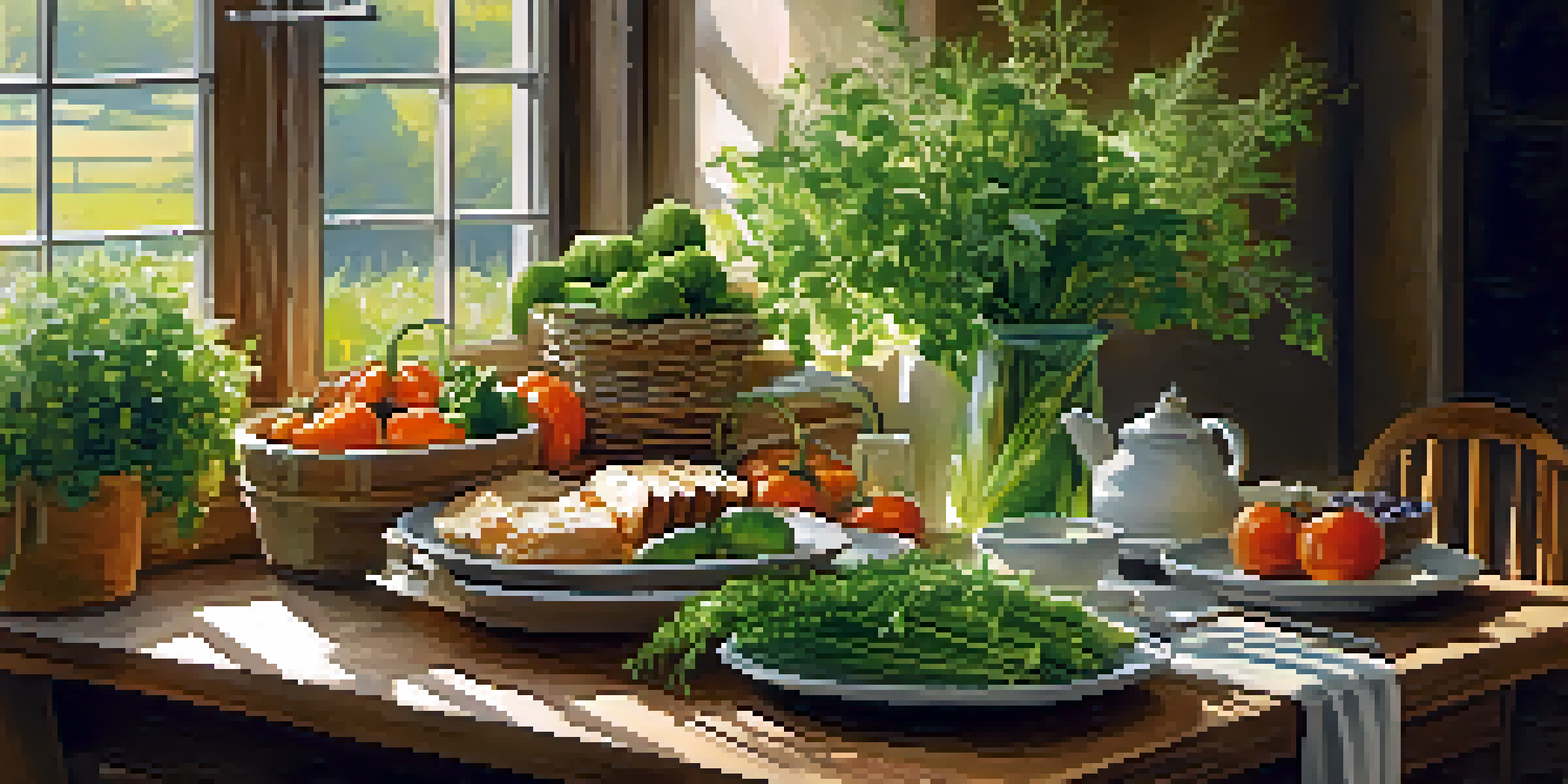 A rustic dining table filled with fresh seasonal vegetables and herbs, illuminated by sunlight from a window.