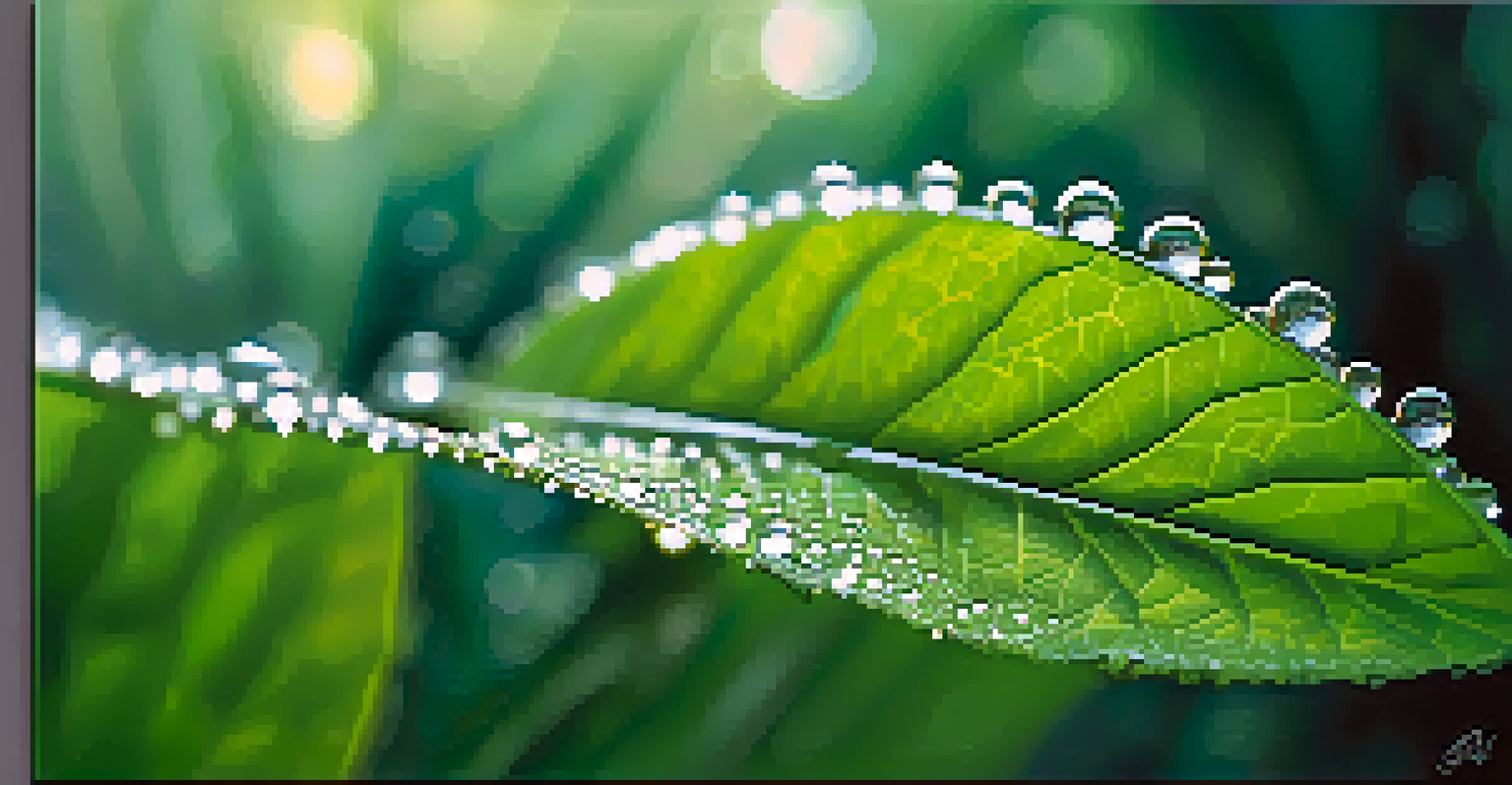 A close-up of a green leaf with dew drops, illuminated by soft sunlight, with a blurred background.
