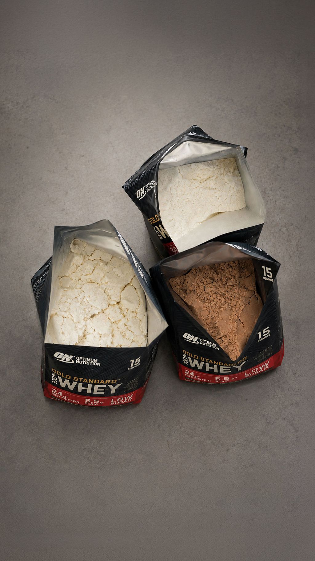 Digital composite of protein powders from Optimum Nutrition