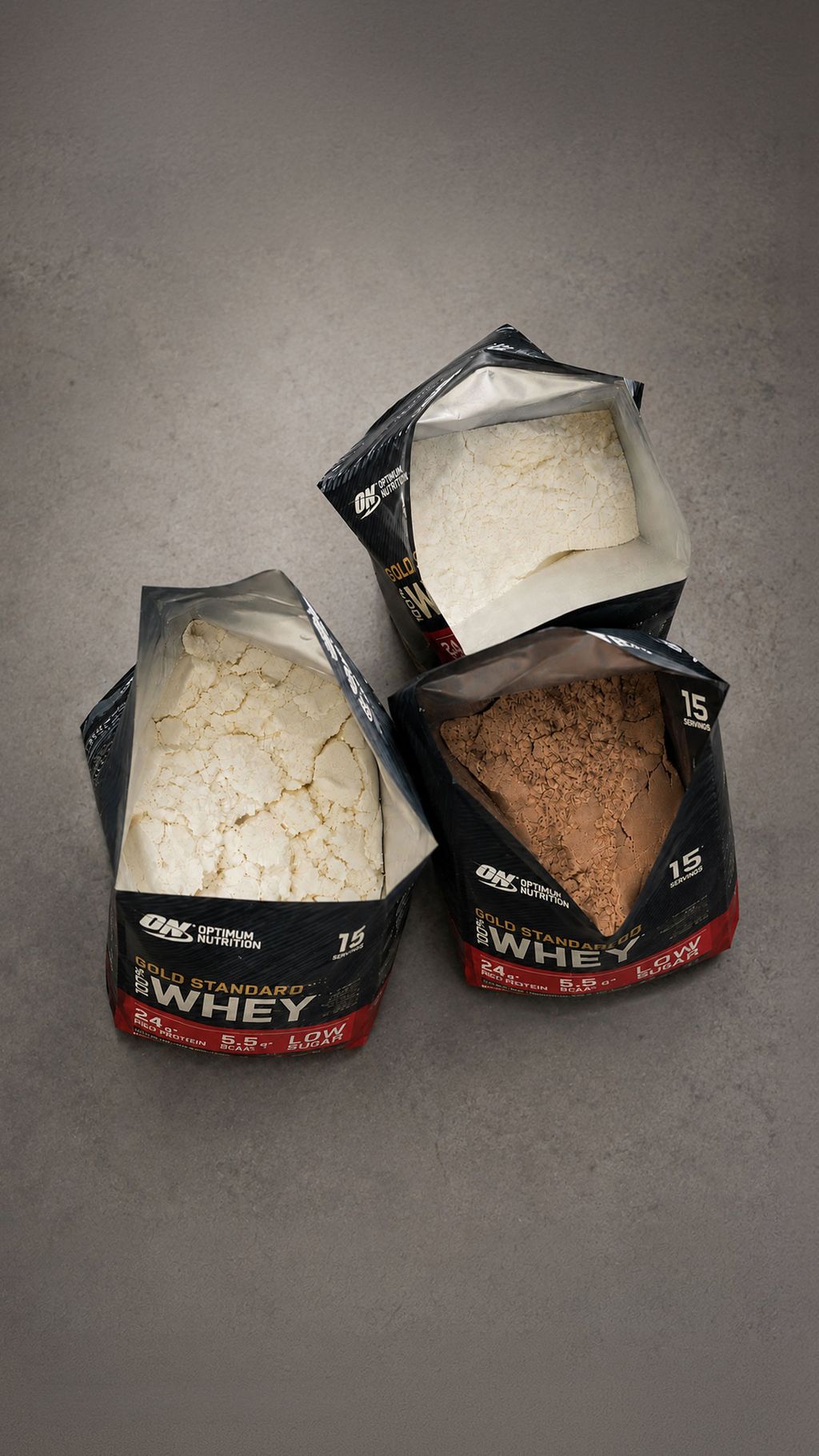 Digital composite of protein powders from Optimum Nutrition