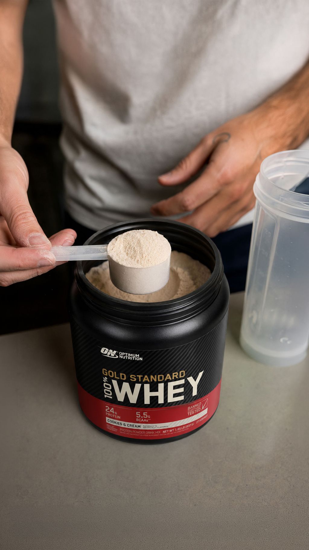 Digital composite of Gold Standard 100% Whey protein powder from Optimum Nutrition