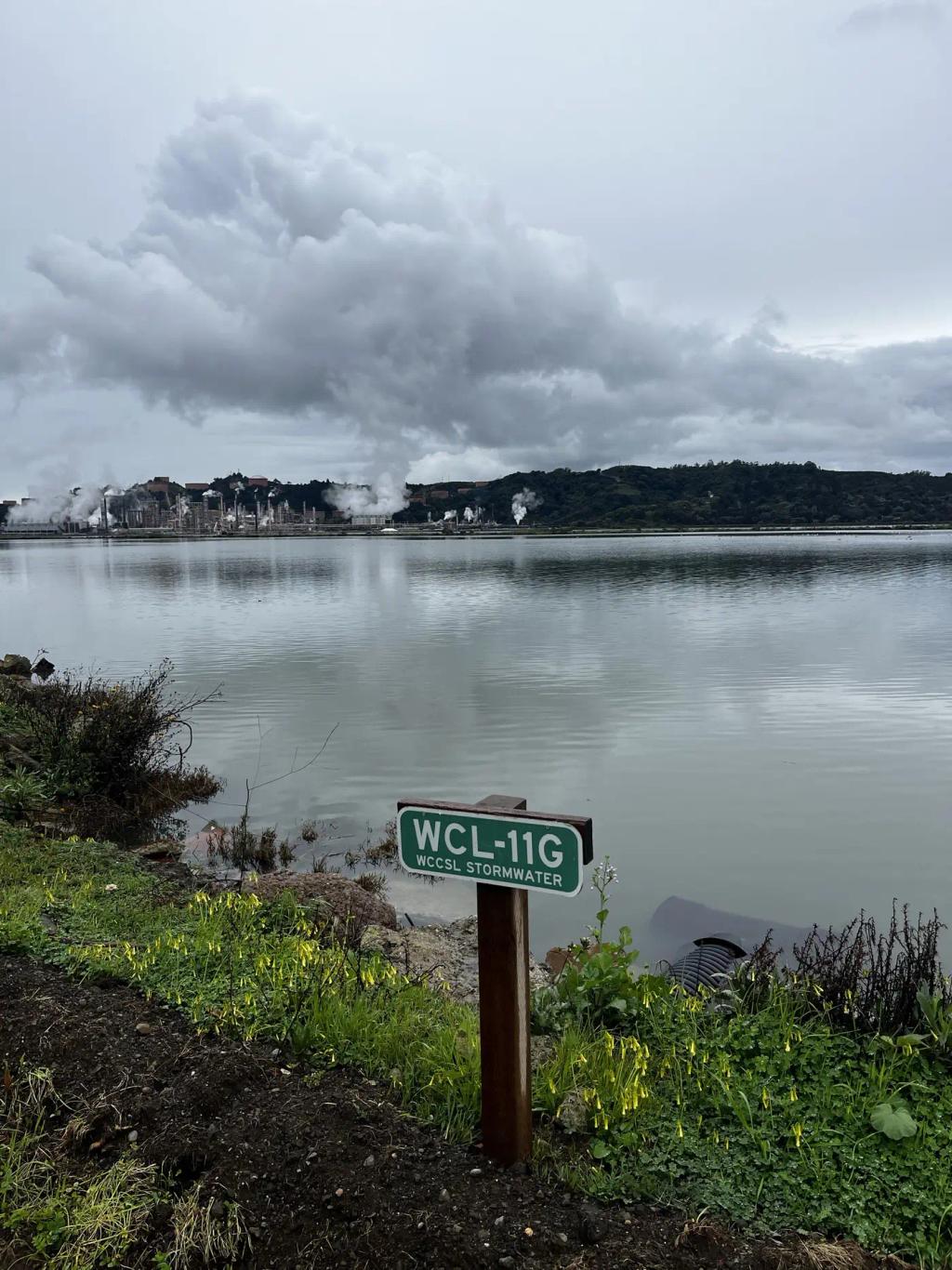 A stormwater outfall sign on the San Francisco Bay shoreline.