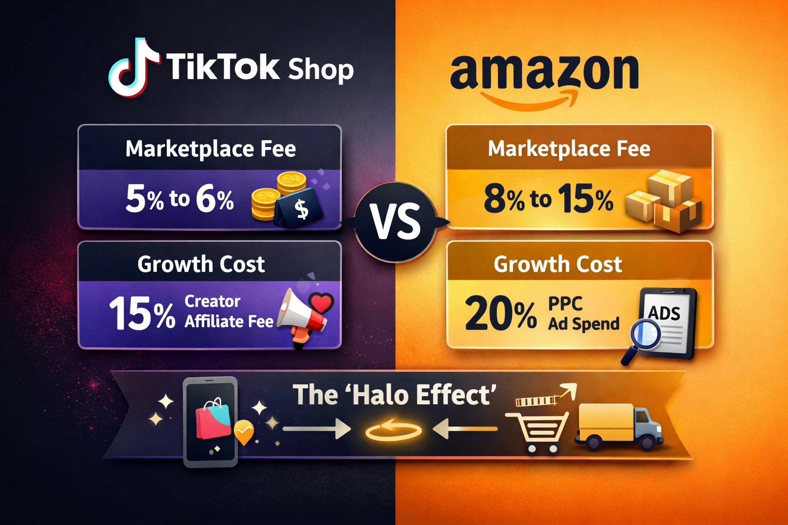Infographic comparing TikTok Shop vs Amazon fees, growth costs, and the halo effect