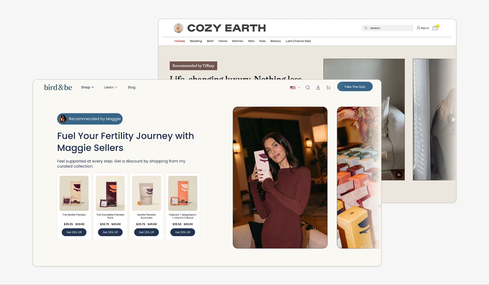 Co-branded creator storefront on a Shopify store showing an influencer affiliate marketing landing page with the creator name, featured products, and an auto applied discount for higher conversion rate.