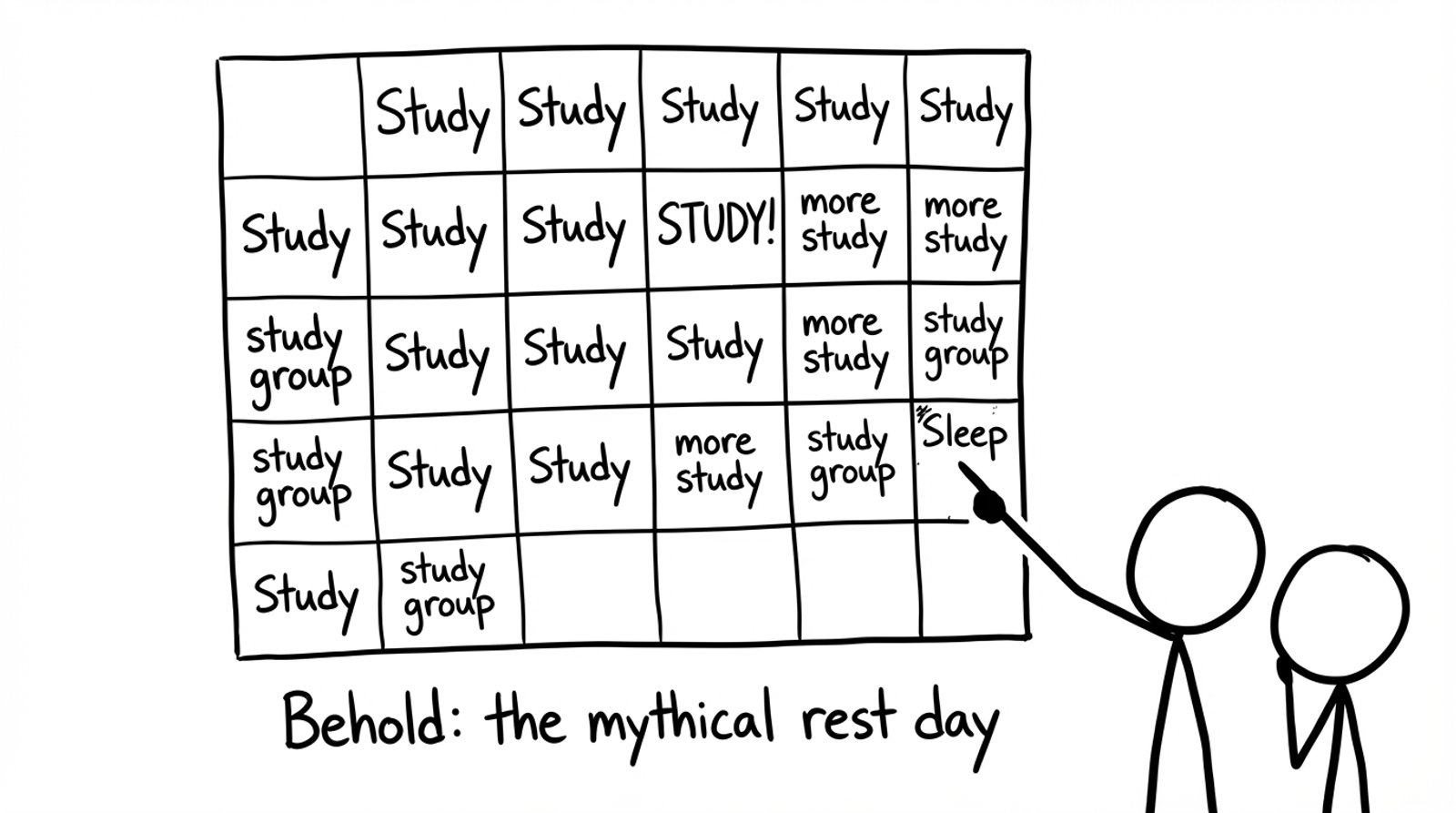 A calendar with tiny sleep block labeled mythical rest day
