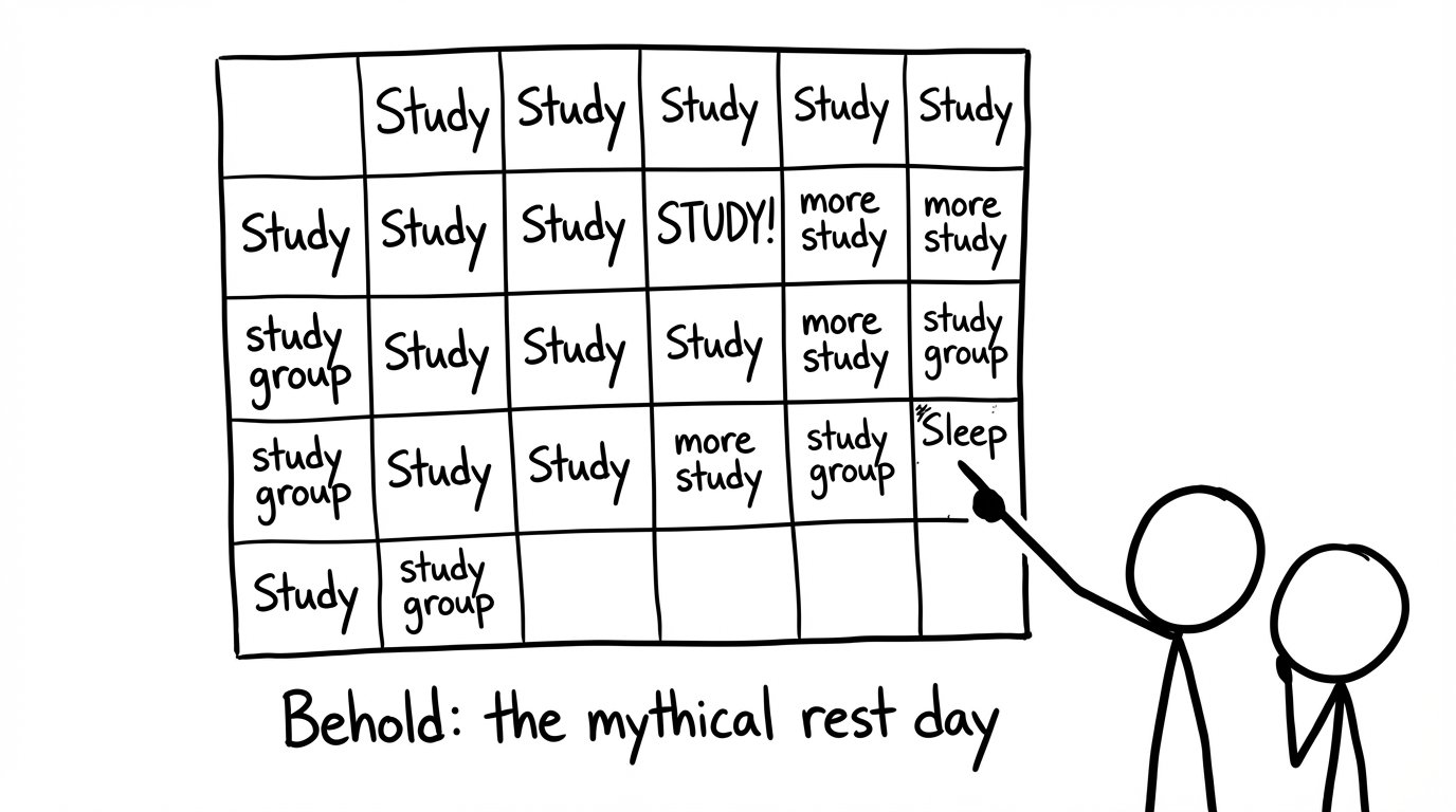 A calendar with tiny sleep block labeled mythical rest day