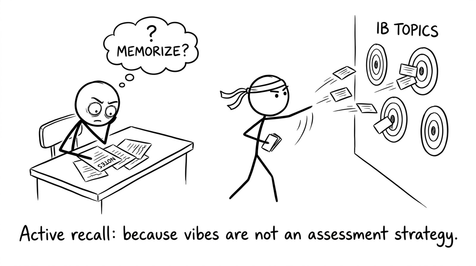 Two students: one stares at notes, one uses flashcards like throwing stars