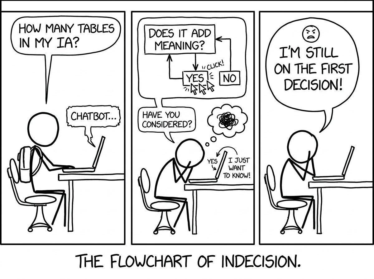 A student asks an AI chatbot how many tables to include and keeps trying to click yes on a flowchart question