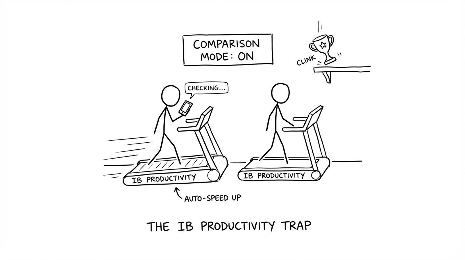 Two students on treadmills labeled IB productivity; one speeds up when checking phone
