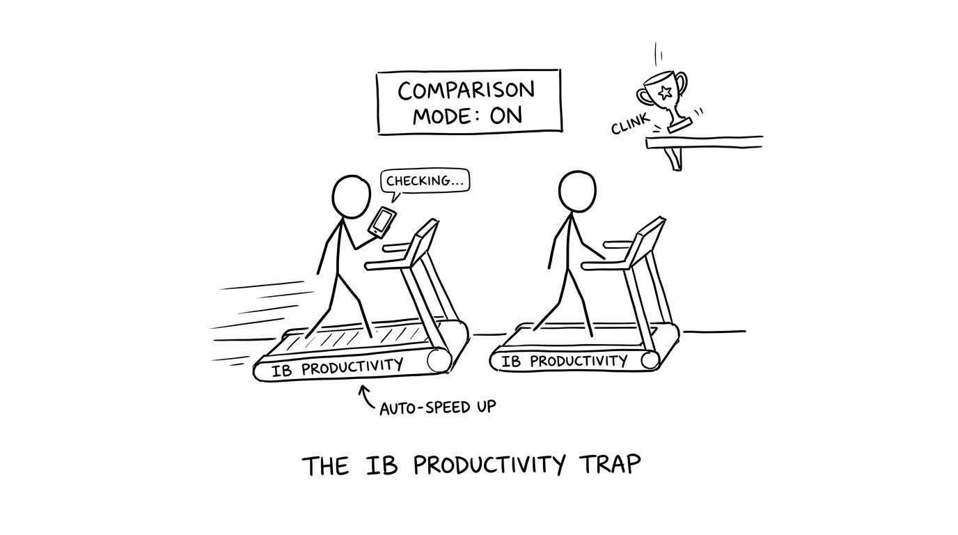 Two students on treadmills labeled IB productivity; one speeds up when checking phone