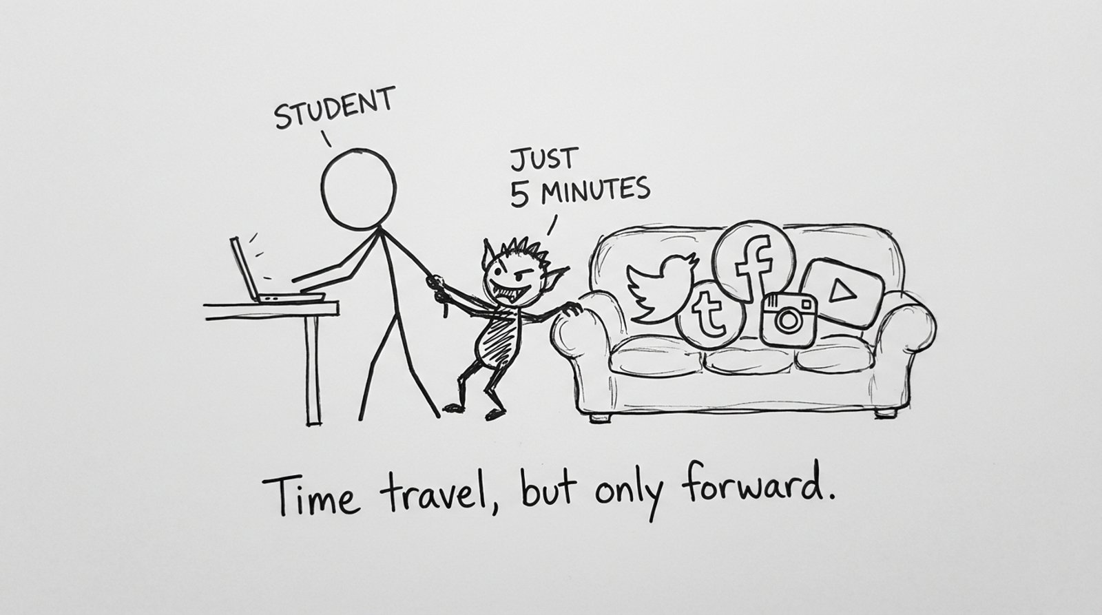 A tiny gremlin labeled Just 5 minutes pulling a student toward social media