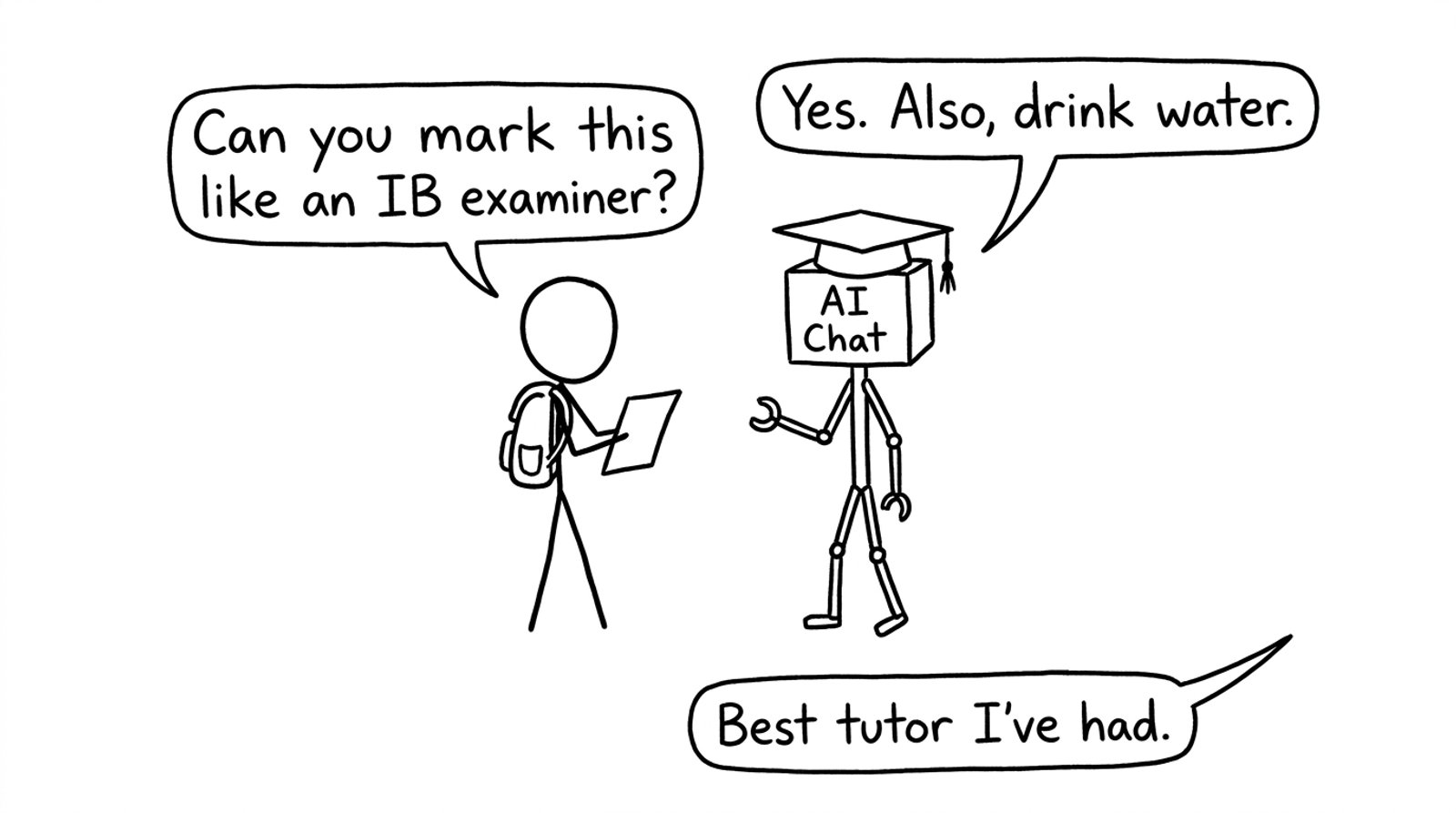 Student asks AI Chat to mark like an examiner; AI reminds them to drink water