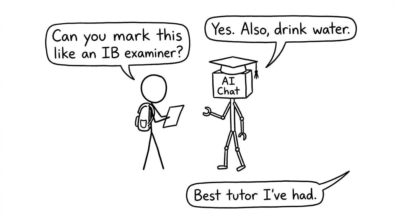 Student asks AI Chat to mark like an examiner; AI reminds them to drink water