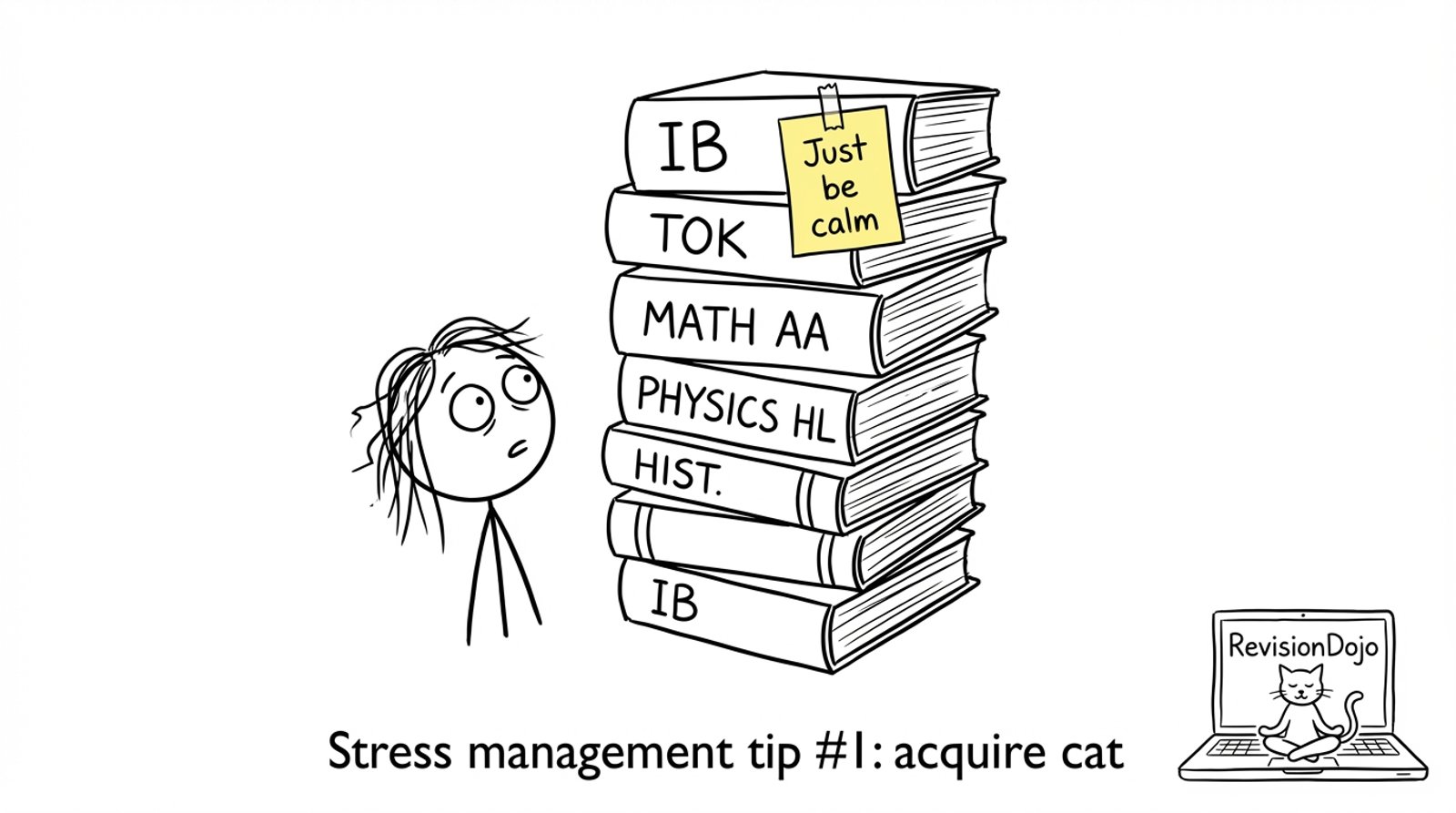 A student, a stack of IB books, and a meditating cat